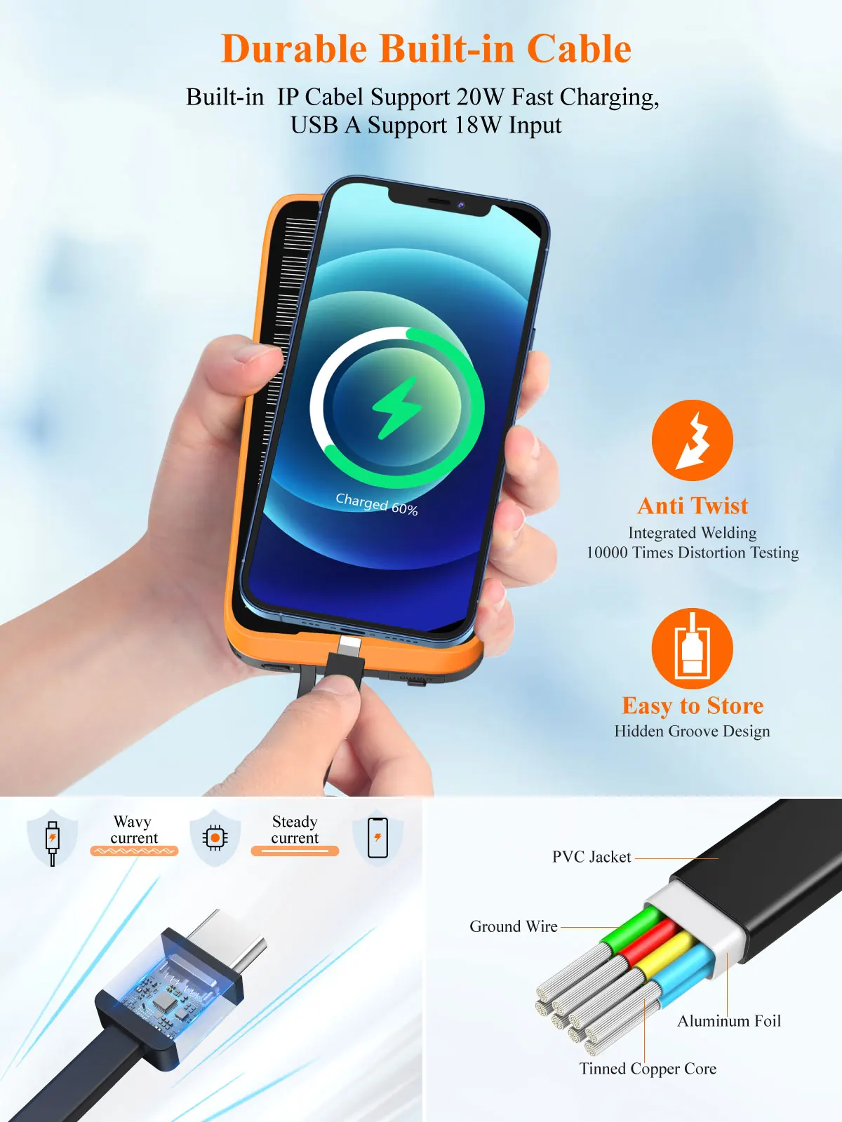 Shengyi Built -in 3 In 1 Cable PD25W Fast Charger Travel Solar Powerbank 20000Mah 30000Mah Led Energy Power