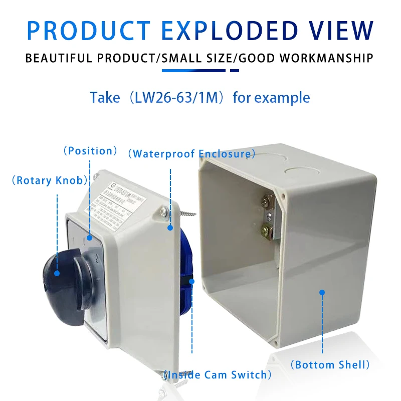 LW26-63/5M Changeover Cam Switch 63A 5 Poles Electrical 3 Position Rotary Selector With Protective Cover Box Enclosure