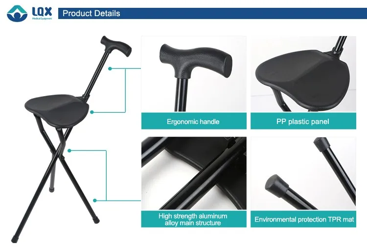Flexible three legged anes Lightweight Adjustable Aluminum Walking Cane With 3 legs Seat Free Standing
