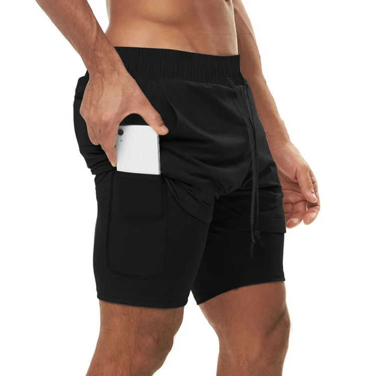 Male Active Wear Fitness Shorts With Zipper Pockets Towel Loop Jogging Gym Training Jogger 2 in 1 for Men