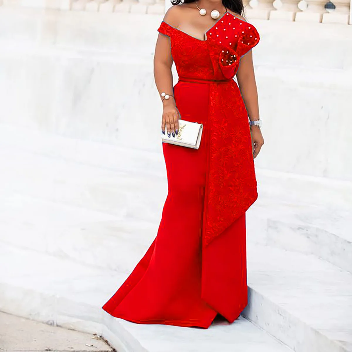 V Neck One Shoulder Plus Size Banquet Dress Party Wear Long Ball Gowns For Women Evening Dresses