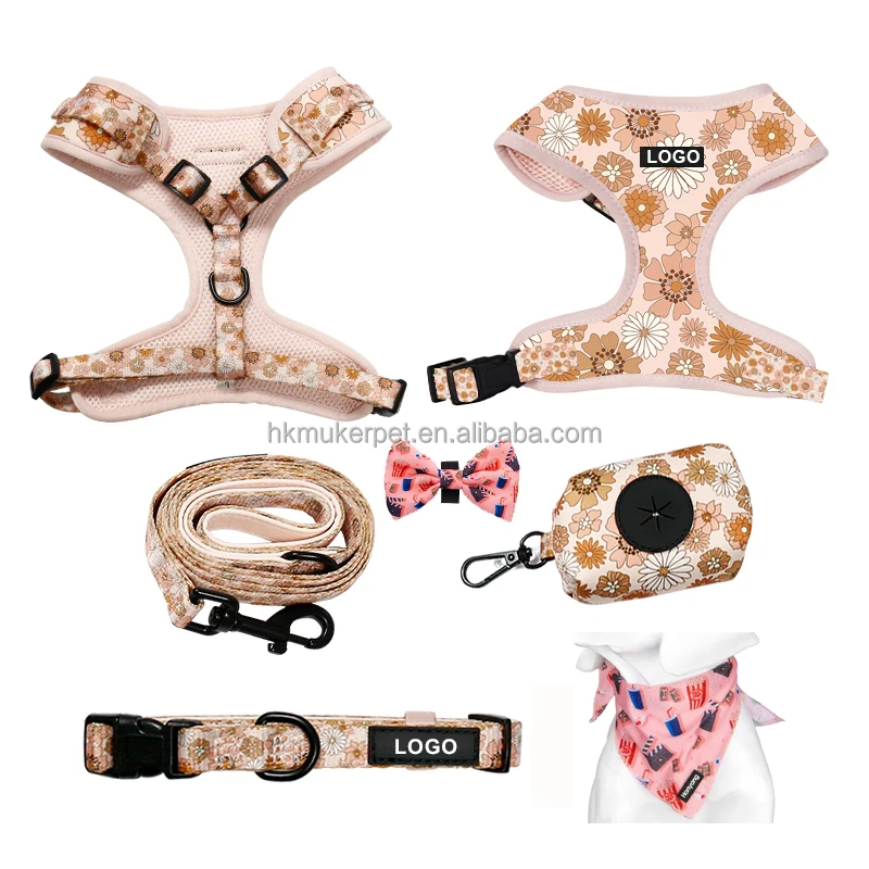 Manufacturer Pet Accessories Dog Harness Set Custom Logo Dog Vest Harness Collar Leash Bowtie Bandana Print Dog Products Harness