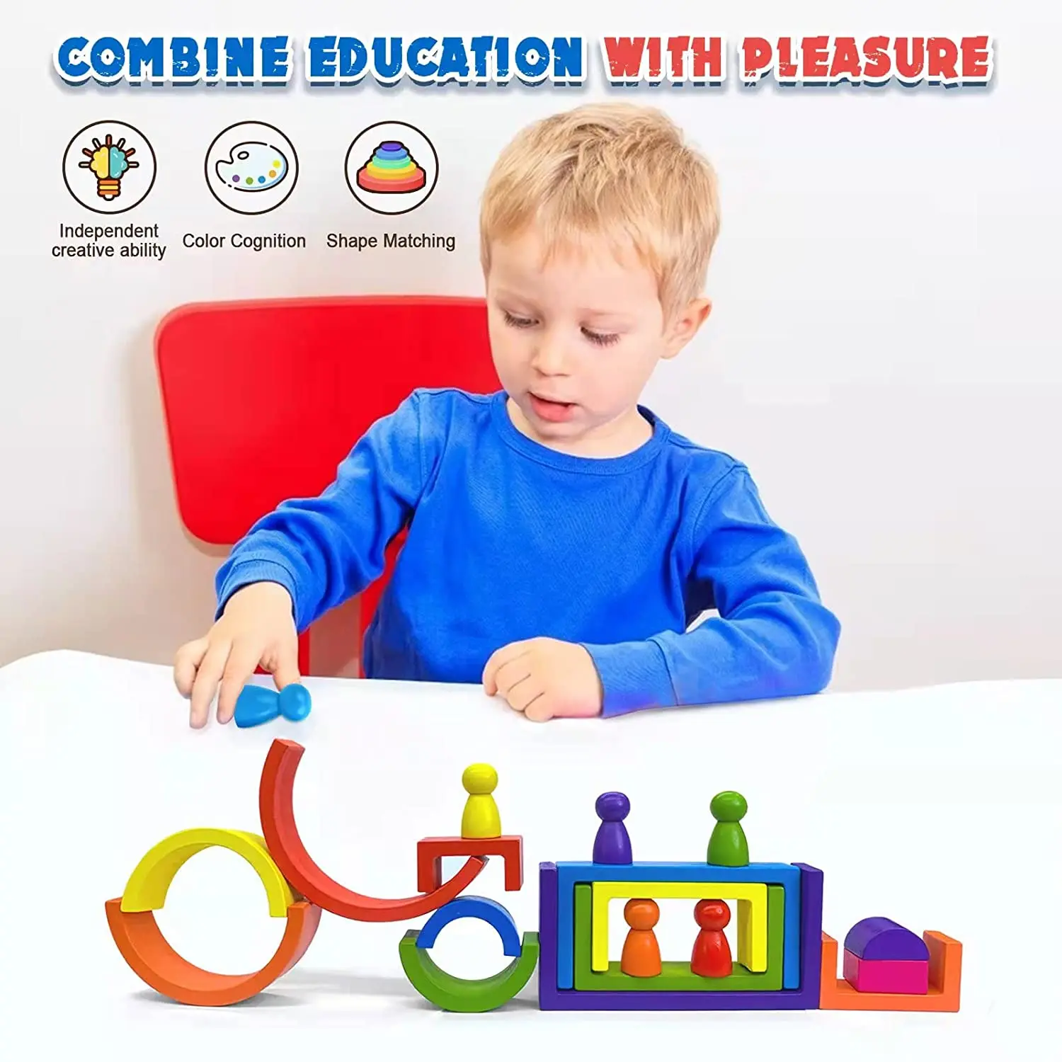 Wooden Toys Rainbow Stacking Blocks-Montessori Toys Building Blocks Open Ended Preschool Activity Educational Toy