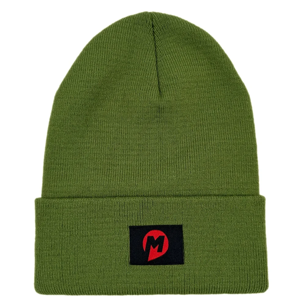 OEM Wholesales fashion green unisex 100% acrylic plain cuff knit winter hat logo custom blank beanie with woven label