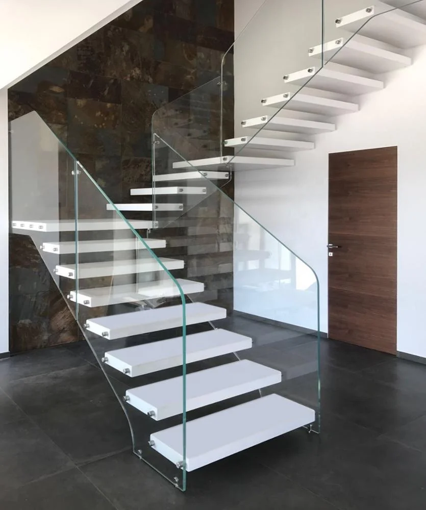 New design glass railing floating staircase indoor&outdoor straight wood stairs