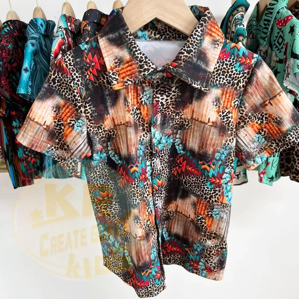 Hot selling western aztec cowboy printing boys t-shirt kids summer polo shirt custom kids baby cloth t shirts
