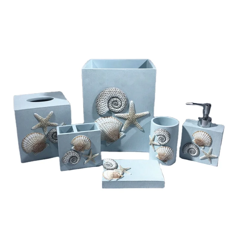 Hand painting ocean themed resin seashell bathroom accessories set