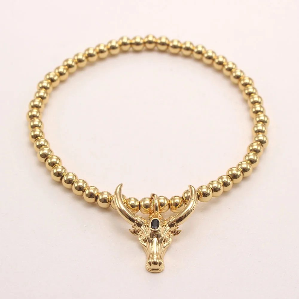 Cubic Zircon Leopard/Elephant/Bull/Lion Animal Charms Bracelet Brass Jewelry Round Beaded Bangle 18K Gold Plated Women Bracelet