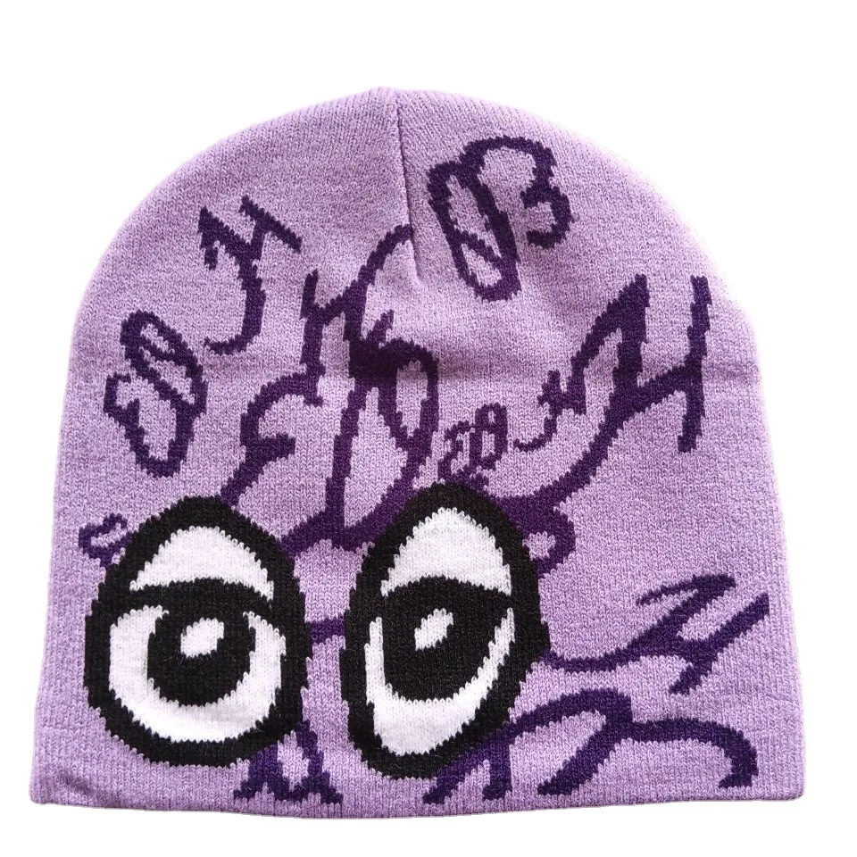 All Over Printed Skull Cap Custom Logo Embroidery Jacquard Woven Knit Reversible Winter Beanie Hat