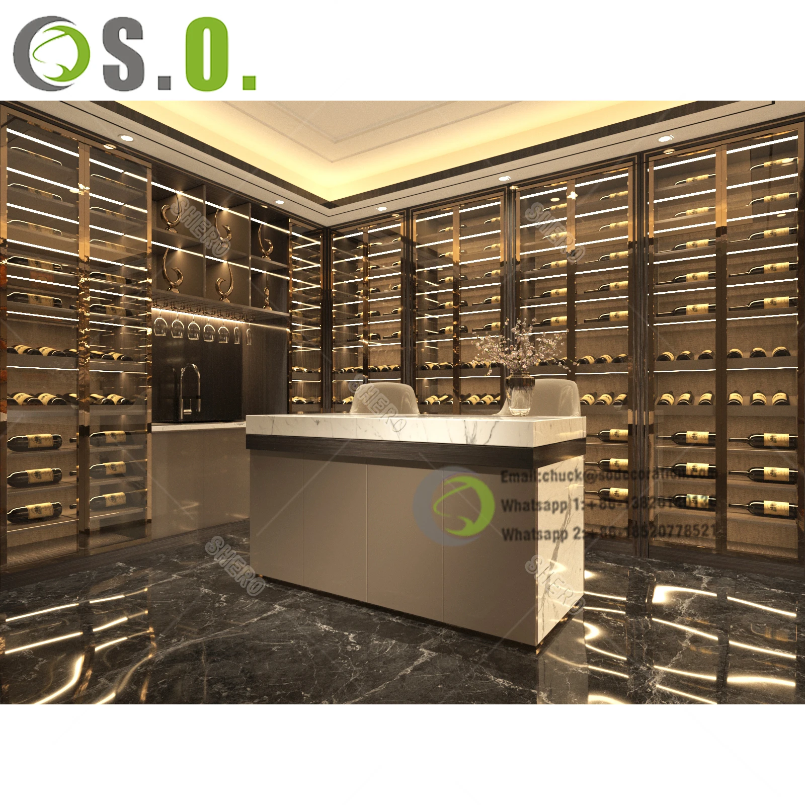 Commercial design cooling stainless steel display racks luxury wall large wine cellar whiskey glass display wine cabinet