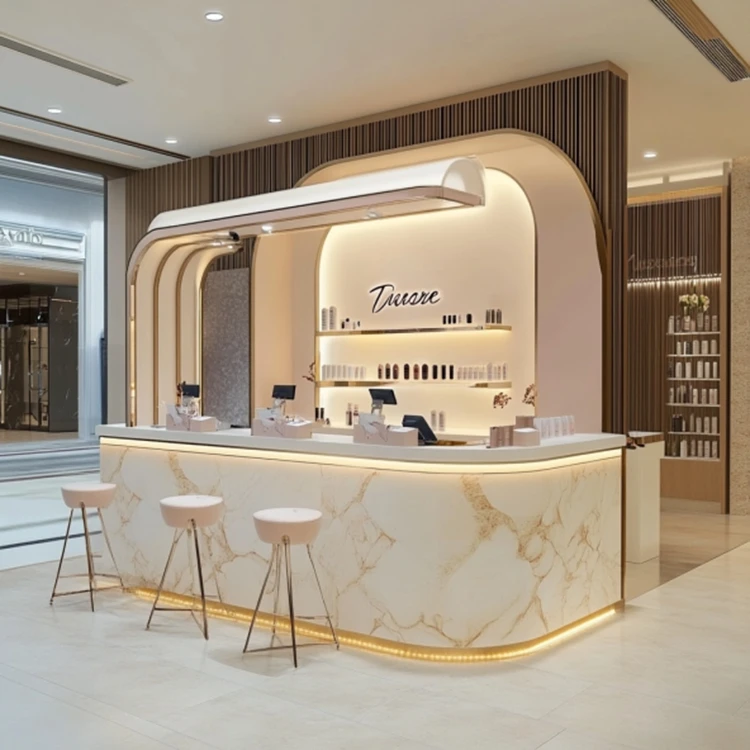Elegant Nail Display Beauty Shopping Mall Press On Nail Polish Kiosk With Wall Cabinets Attractive Mall Booth Stand