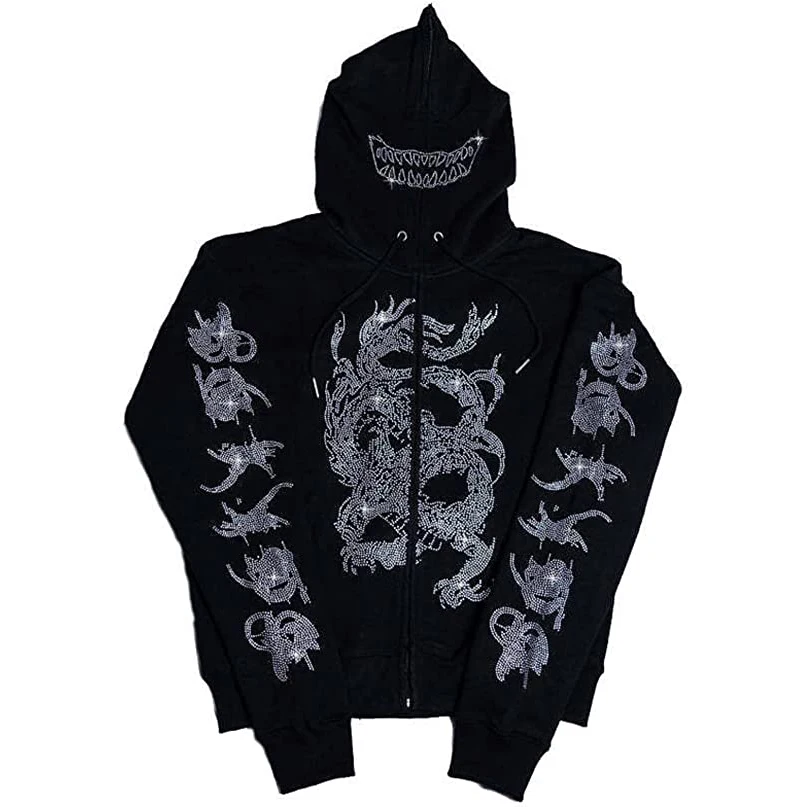 Custom Men logo 100% Cotton Heavyweight  Dragon Oversized Crystal Graffiti Streetwear Full Zip Up Hoodie Custom Rhinestone