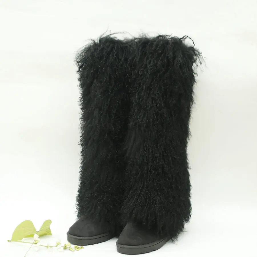 wholesale 50cm white real black mongolian fur upper long boots for women with heel and fur tall fur boots
