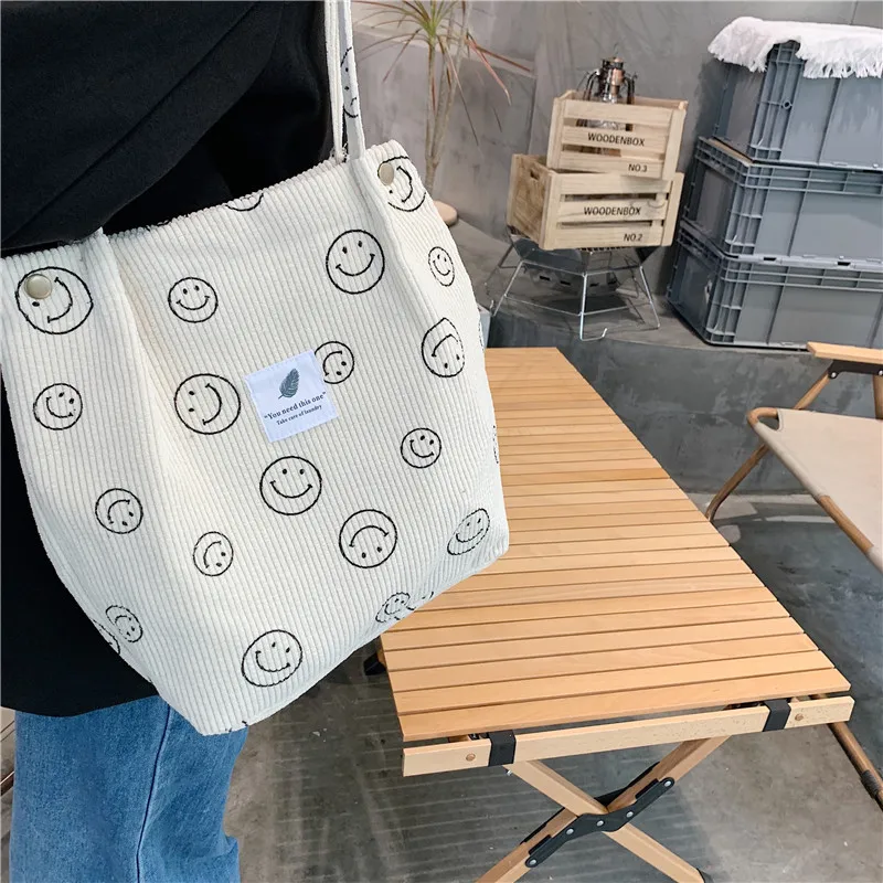 2023 custom logo Corduroy fabric shopping bags smile face corduroy shoulder bags strong capacity corduroy shopping tote bags