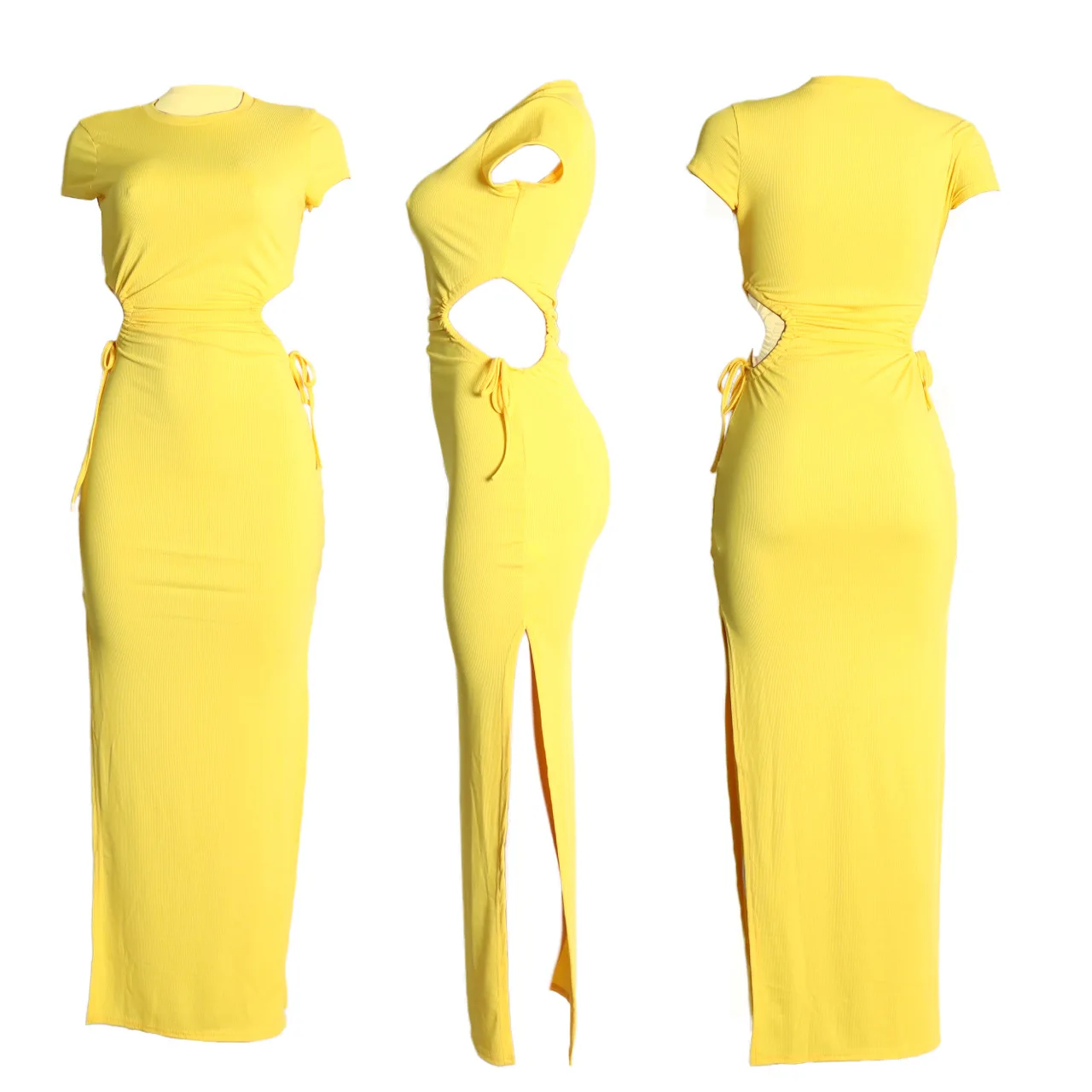 Holiday Casual Dresses Fashion Double Slit Sexy Cutout Maxi Ribbed Dresses Summer Trending Elegant Dresses For Ladies Women