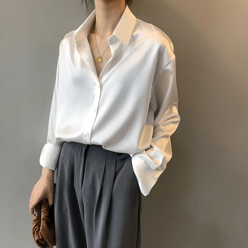 Autumn Fashion Button Up Satin Silk Shirt Vintage Blouse Women White Lady Long Sleeves Female Loose Street Shirts