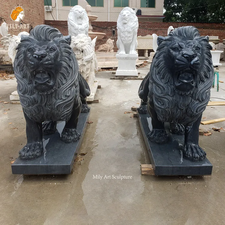 Unique Design Hand Carved Marble Sitting Black Lion Statues Sculpture for Front Door