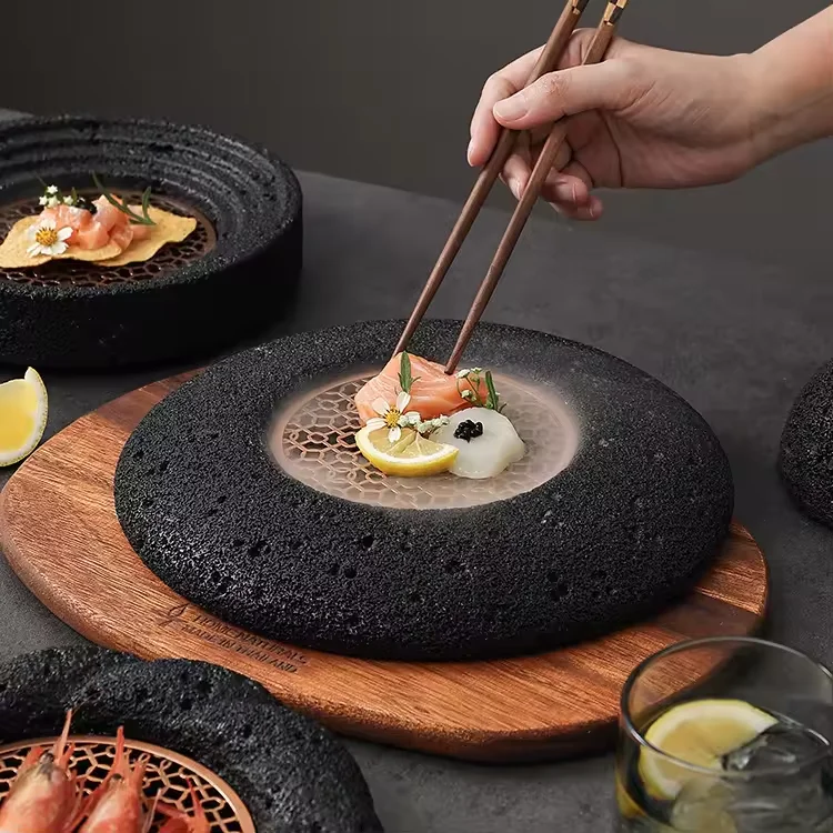 Japanese Artistic Concept Ceramic Dish Volcanic Stone Hotel Tableware Planet-Shaped Ice Plate Sushi Seafood Presentation Parties