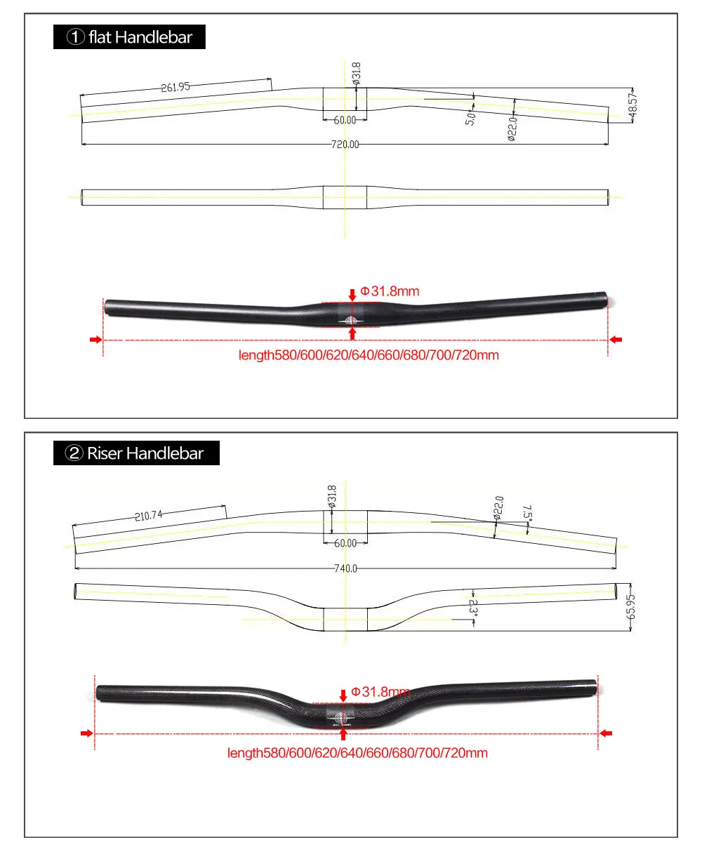 MTB Handlebars Flat/Riser Handle Bars Mountain Bike 580/600/620/640/660/680/700/720mm Carbon Handlebar Mtb