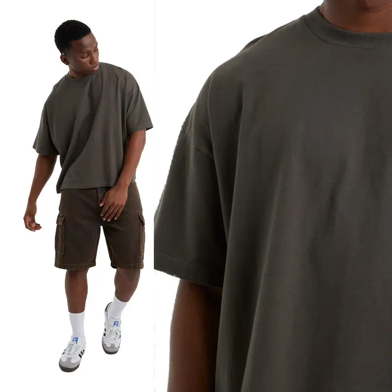 High Quality Cropped Length Box Fit men Oversize T-Shirt Custom Logo Screen Blank 100 Cotton 260GSM Drop Shoulder T Shirt