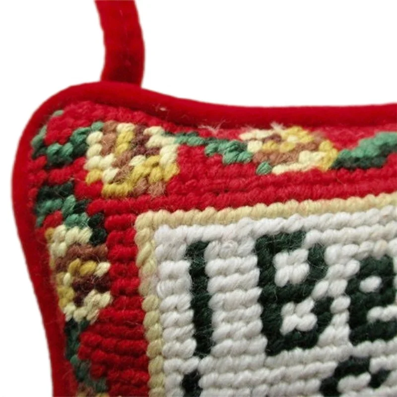 Small Needlepoint PILLOW - I Believe In Santa, Jingle Bells, Door Hanger, Vintage Sign