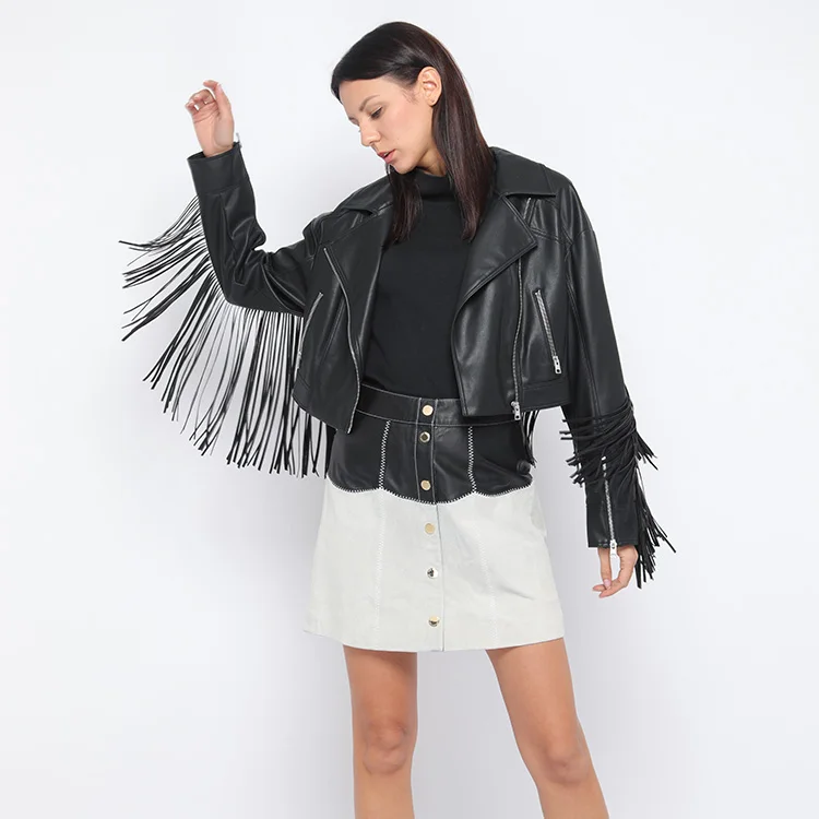 
Latest design soft faux leather style Pu jacket women with long backing pu fringe 