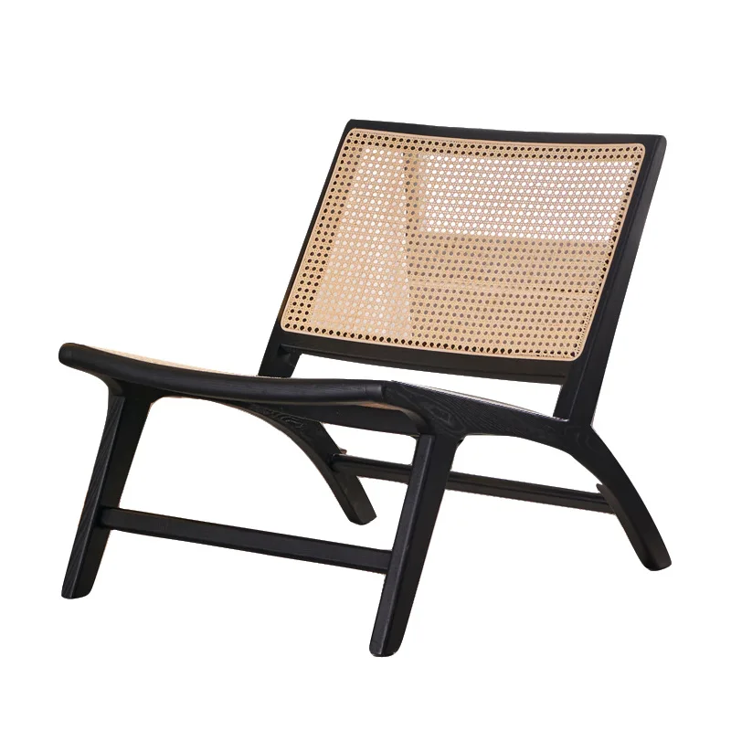 RW-001 Classic Europe Danish Vintage Low Black Wood Natural Rattan Cane Wicker Leisure Lounge Chair