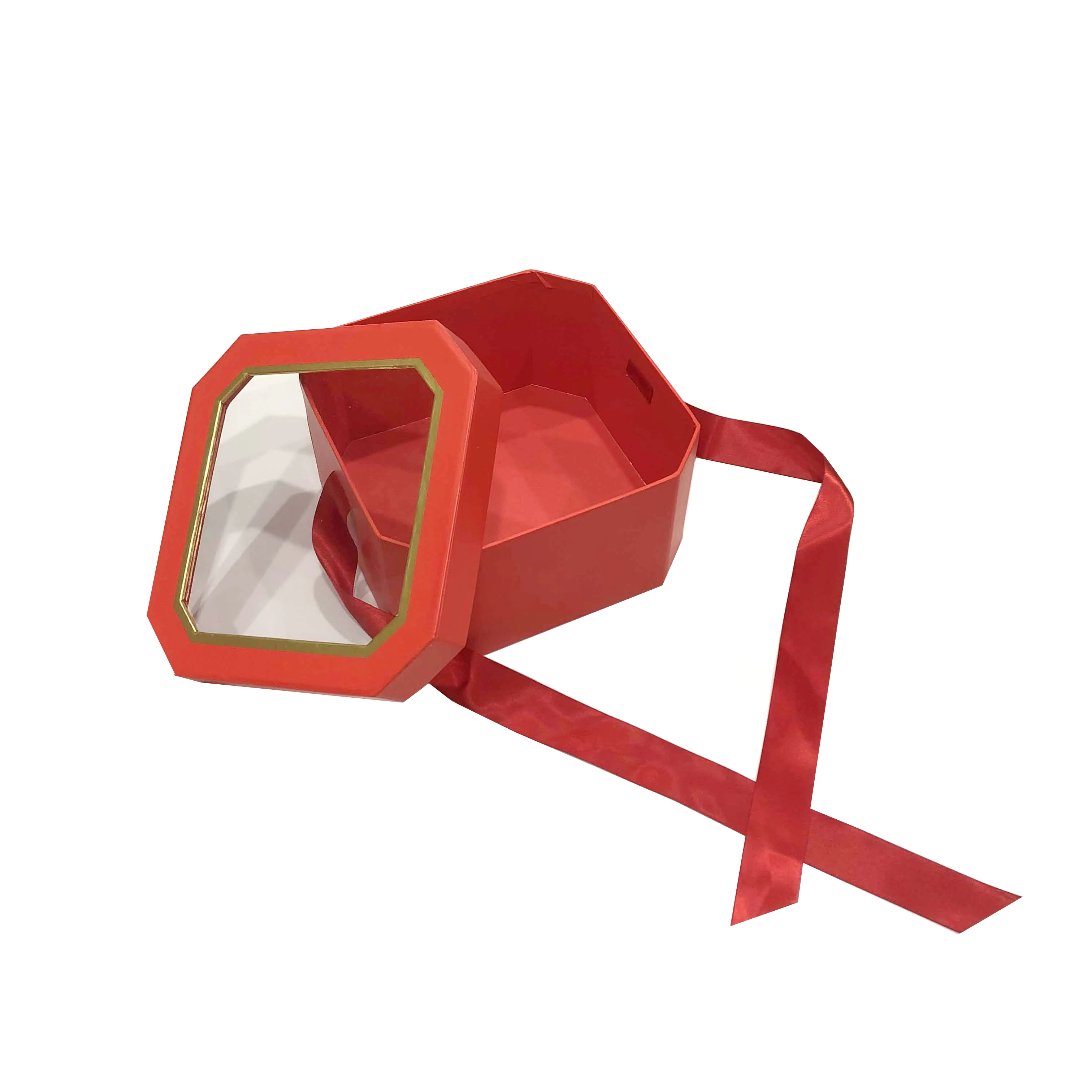 Printing gift paper boxes wholesale cardboard flower gift box customized with red color ribbon closure and window