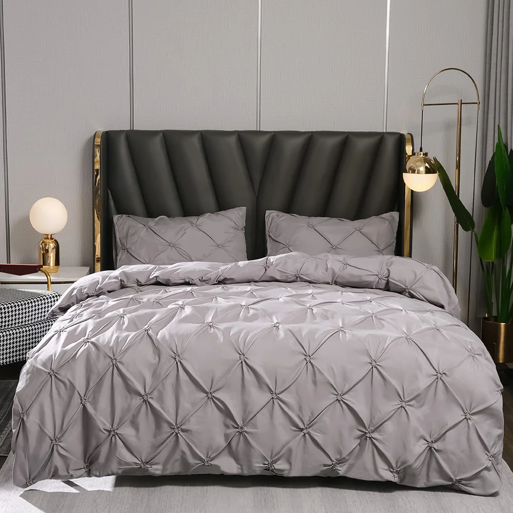 Affordable Luxury Pinch Pleat Pintuck 3 Pieces Elastic Embroidery Floral Pattern Microfiber Set Duvet Cover For Bedroom