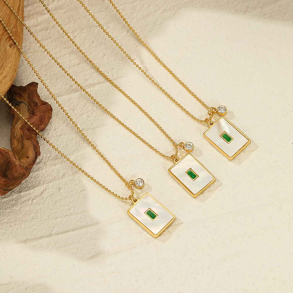 Stylish 18k Gold Plating Cubic Zircon Square Shape Pendant Necklace No Fade Stainless Steel Shell Tags Necklace