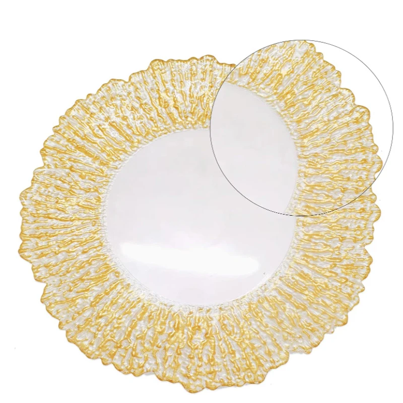2 1CM  stylish and unique wedding show glass  clear and gold charger plates wedding wholesale plate charger for events Birthdays