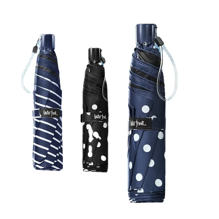 Dot Stripe Printing Portable Fashion Black Coated Lightweight Sunshade Umbrella For Summer