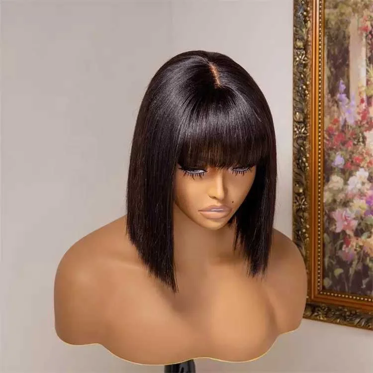 G&T 100% Human Hair Straight Bob Wig With Bangs Glueless Minimalist 2x1 Lace Scalp Bob Bang Wig For Women 180 Density