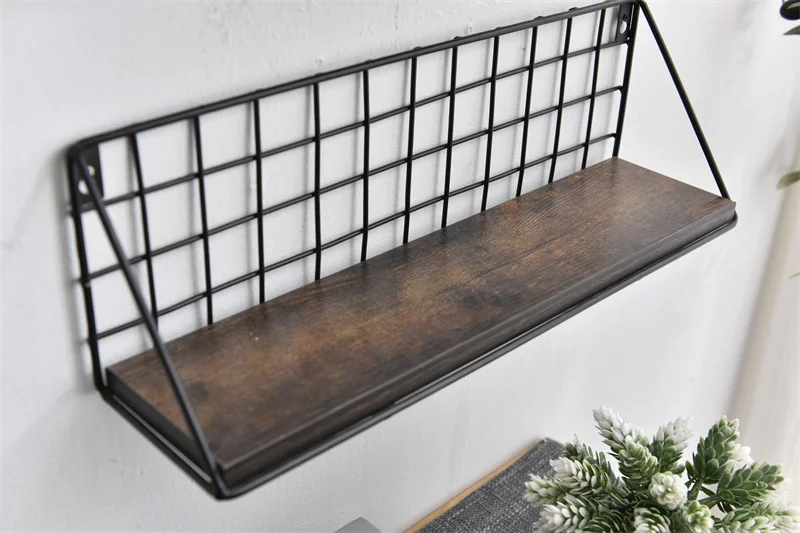 Vintage beauty products display wooden wall mounted shelf with metal frame, rustic decoration wall shelf for living room