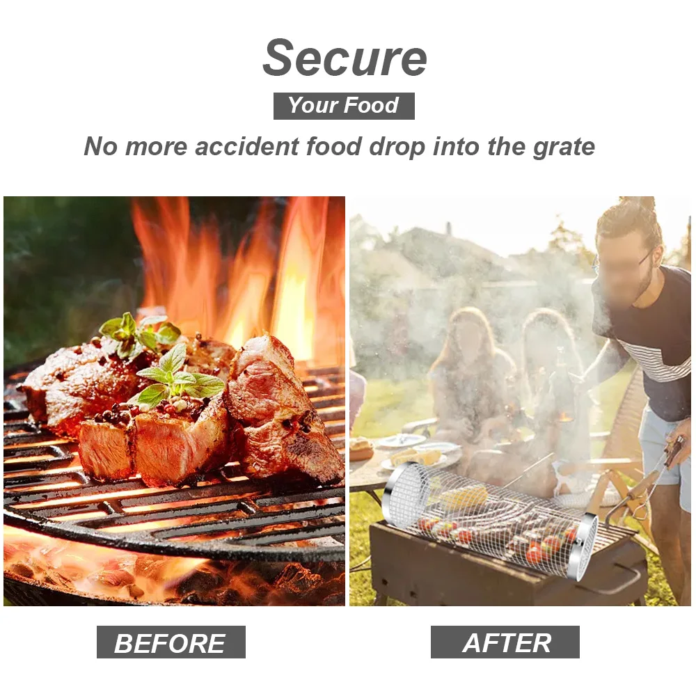 Round stainless steel metal net tube bbq barbecue basket cylinder rolling grilling basket