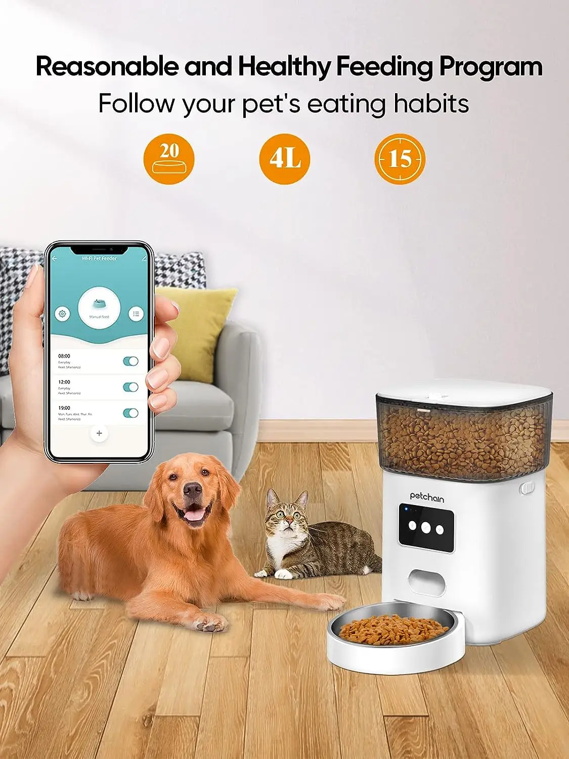 Petchain 4L WiFi Pet Food Dispenser Low Food Alarm and 10s Voice Recorder Automatic Cat Feeder