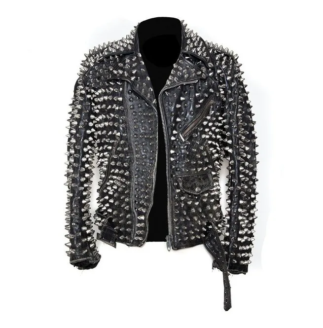 Men Studded Custom Patches Long Spike Brando Belted Rocker Jacket