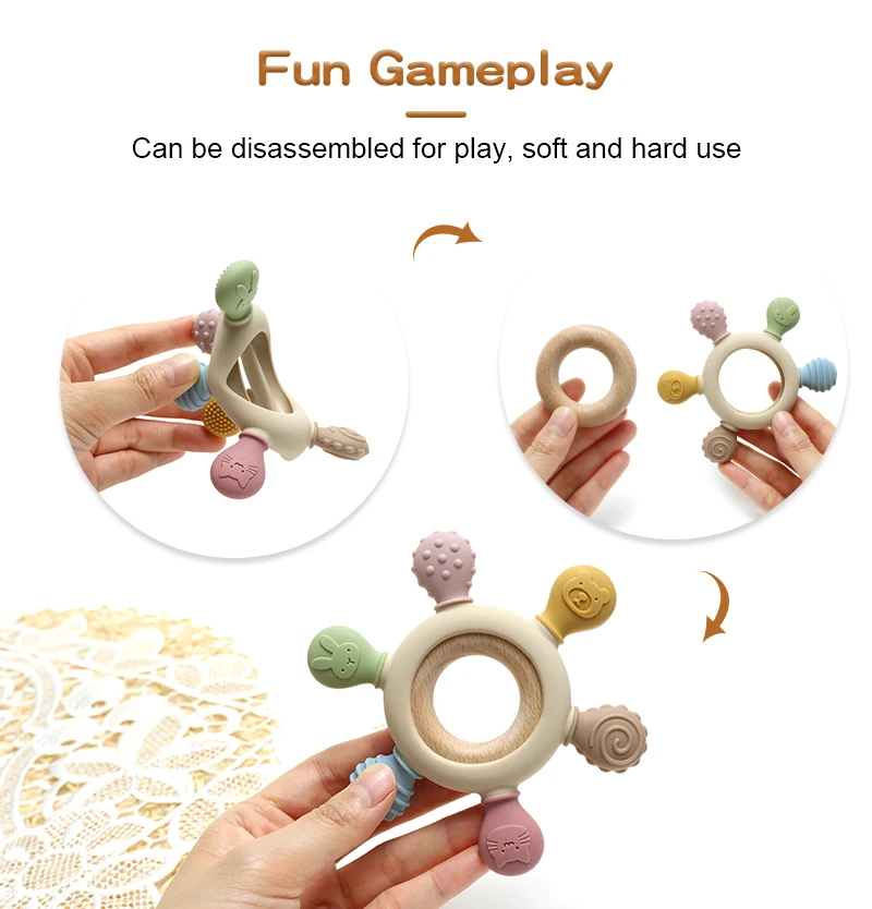 2024 New arrival Custom Cute BPA Free Silicone Baby Teethers Wooden Baby Teether Baby Feeding Chewing Teething product