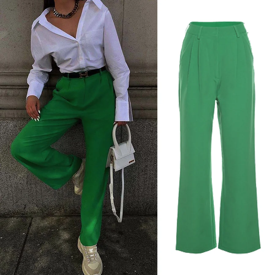 High Quality 2021 Women Casual High Waist Green Straight Pants Solid Color Wide Leg Trousers Summer Clothing