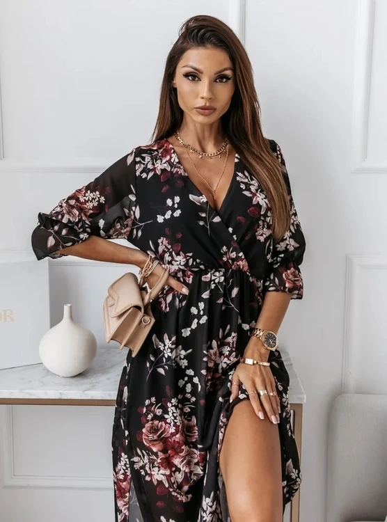 Women Summer Beach Dress European and American Beauty Fashion V-neck Slim Side Slit Chiffon Print A-line Long Casual Dress