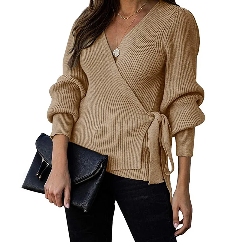 2022 New ladies slim-fit waistband pullover V-neck cross-wrapped knitted sweater