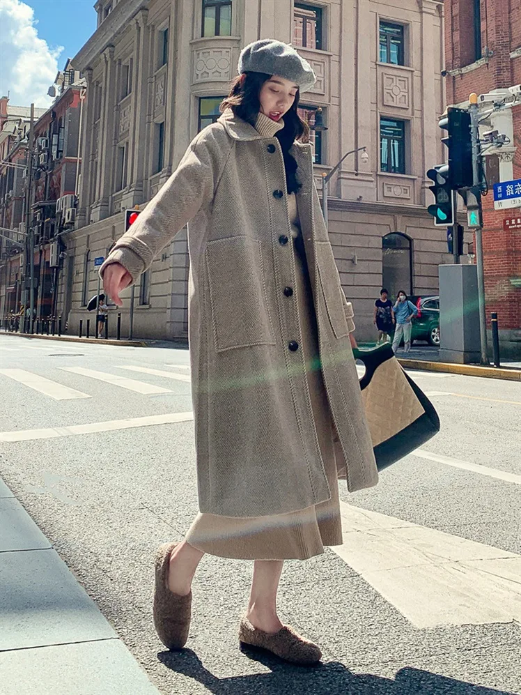 high quality hot selling winter warm formal streetwear ladies office long sleeve knee length woolen coat women
