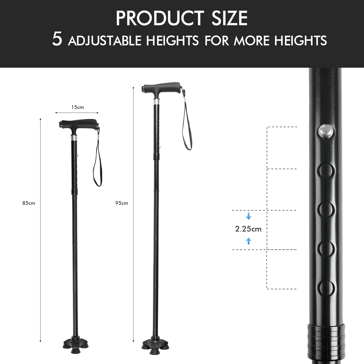 KingGear Custom aluminum nordic Lightweight Led light 3 legs rubber Adjustable Folding Walking Canes Sticks For elder
