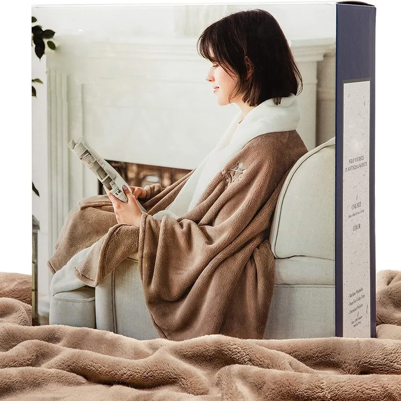 Flannel Fleece Wearable Blanket with Sleeves Soft Plush Cozy Throw Blanket with Pockets Warm Wrap Blanket Machine Washable