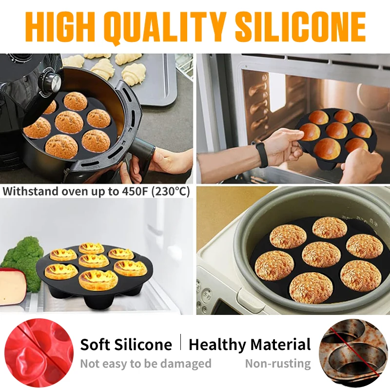 Custom OEM & ODM Black 6/7/8/9 inch Hot Selling Baking Pastry Tools 7 Cavies Air fryer accessories Food Grade Silicone Cake Mold