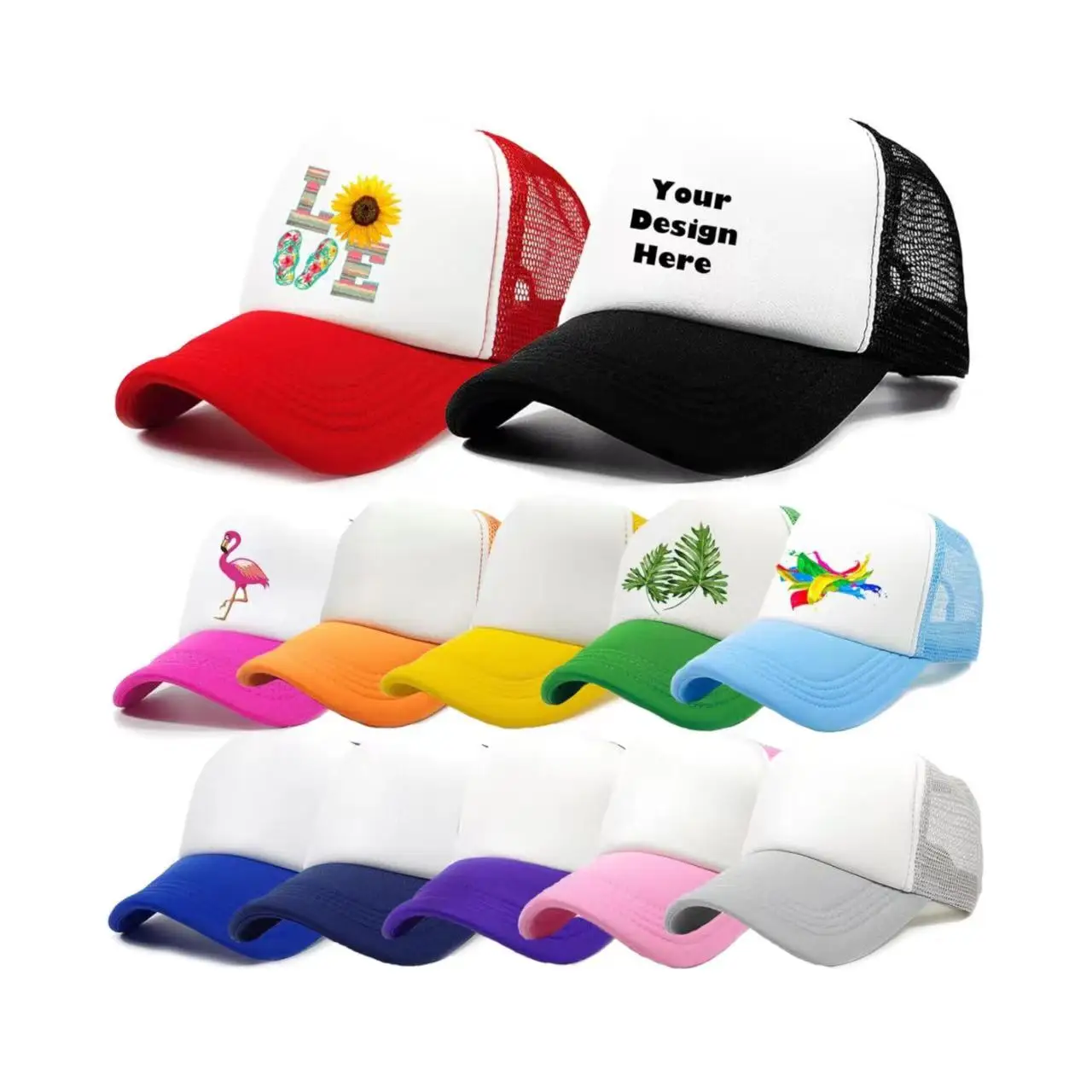 Custom Logo 5 Panel Baseball Snap Back Cap Blank Mesh Cap Trucker Hats Wholesale