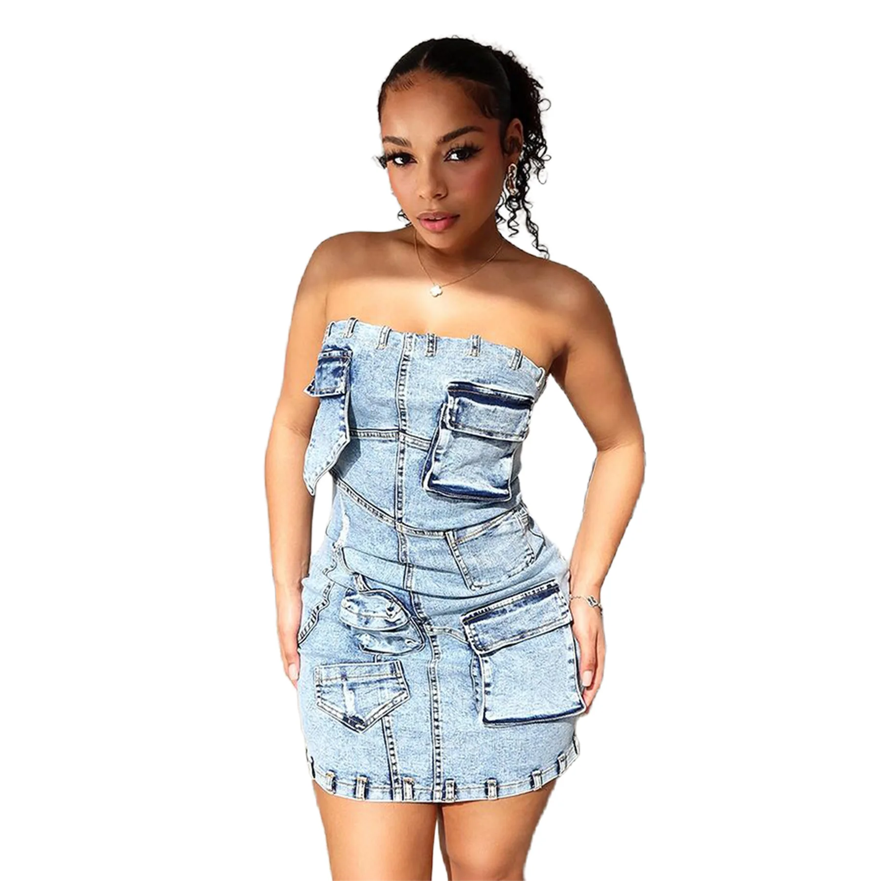 Denim Multi Pocket Strapless L27601 Mini Dress Crocheted Spandex Simple Styles Casual Bow Collar Short Knees-Length Light