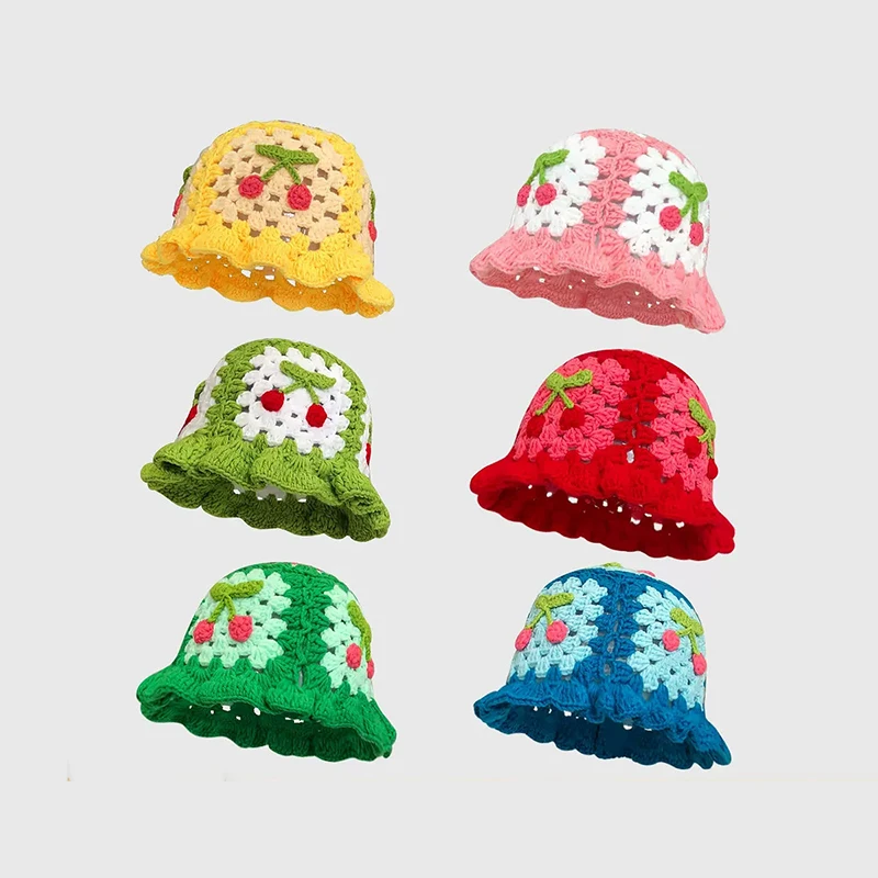 Wholesale vintage flowers hand-knitted fisherman hat women sweet hollow flowers crochet bucket hat