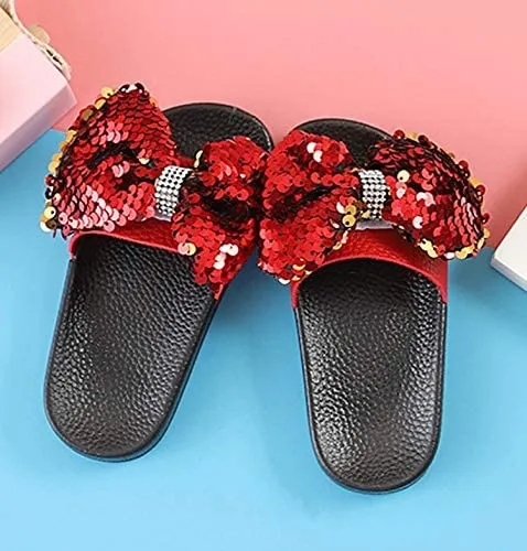 FREE SAMPLE Girls Glitter Slides Slippers Black Sequin Bow Shoes for Kids Beach PVC Molded Foot bed Flat form Sandals