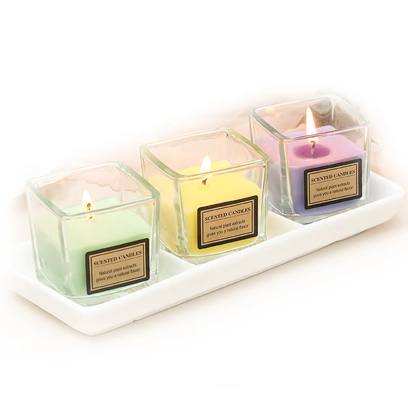 Square Small Transparent Glass Cup Aroma Scented Candle for Home Decor, Clear Glass Jar Fragrance Soy Wax Color Scented Candle